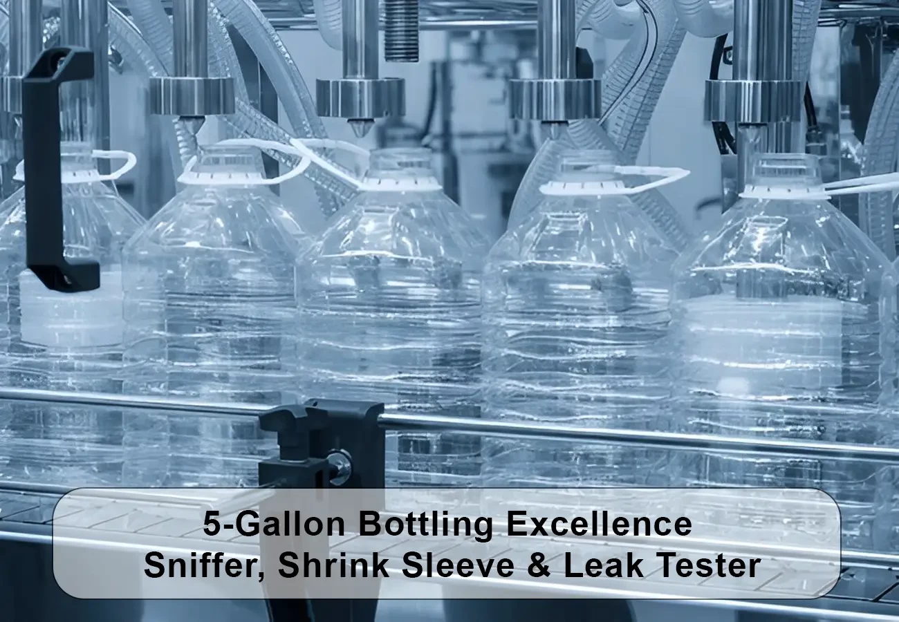 5-gallon bottling line with sniffer, shrink sleeve, and leak tester