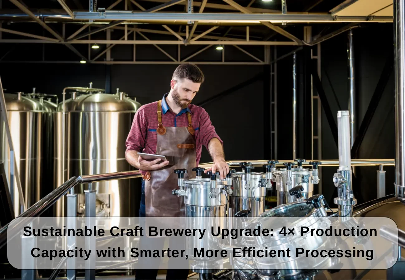 Modern automated craft brewery facility with stainless steel brewing tanks and smart control interface.